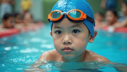 Young boy wears blue swim cap and goggles in indoor pool. He prepares for lesson with determination. Other kids are blurred in background.