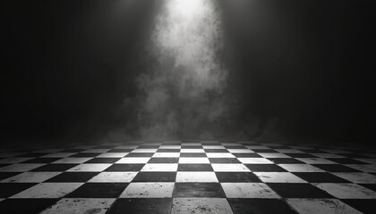 Fototapeta na wymiar Illustration presents a checkerboard floor in dark scene. The floor is tiled black and white. Above the floor is a cloud with lighting in the middle.