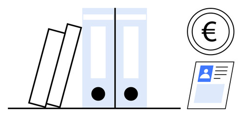 Office organization. Organized workspace with folders, Euro symbol, and identification card depiction. Office organization aids financial records, documentation, ID management, accounting, and filing
