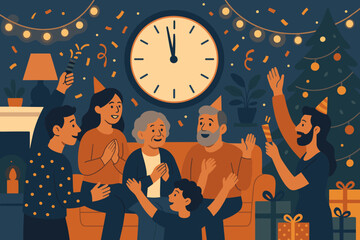 Year midnight new creating confetti illustration around ready lights countdown clock festive