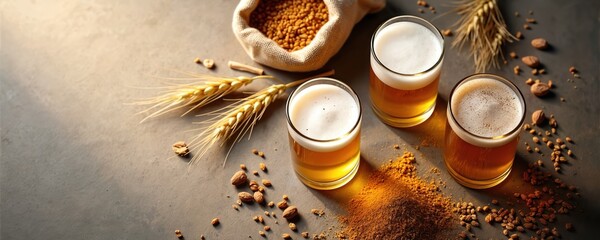 Top-down photo of beer glasses with grains and spices on a minimal surface. Craft beer concept with ingredients. Golden light. Pub atmosphere. Brewery theme. Party.