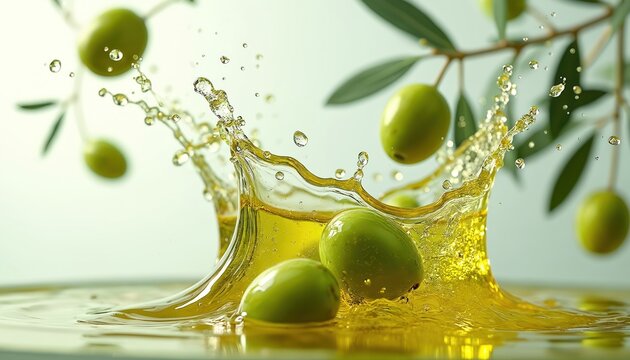 Illustration displays green olives splashing into olive oil. Fresh olives surrounded with oil stream. Natural organic ingredient. Healthy eating, food preparation. Cooking concept, mediterranean diet. - Powered by Adobe