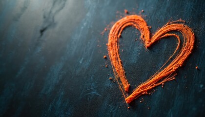 Orange heart shape drawn with chalk on dark blackboard surface. Artistic chalk drawing symbolizes love care and affection. Simple illustration for education or Valentines Day themes.