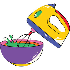 Vibrant yellow hand mixer with purple bowl and green mixture in a playful cartoon illustration with a white background