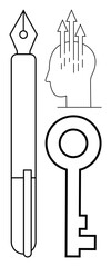 Creativity concept. Creativity by a pen for writing ideas, a key for unlocking potential, and a human head thought. Creativity in education, innovation, design, inspiration
