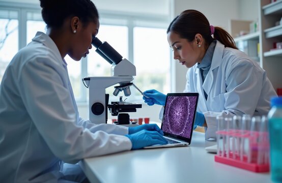 Two female scientists work in modern lab. Woman looks through microscope. Another woman views results on laptop. Both wear gloves coats. Biomedical research medical concept.