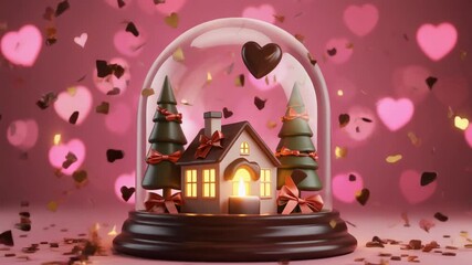 Valentine's Day snow globe with house, trees, gifts, and floating hearts on a pink background. - Powered by Adobe