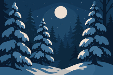 Snowy contrast vector scene moonlit gentle branches illustration illuminating glowing forest creating