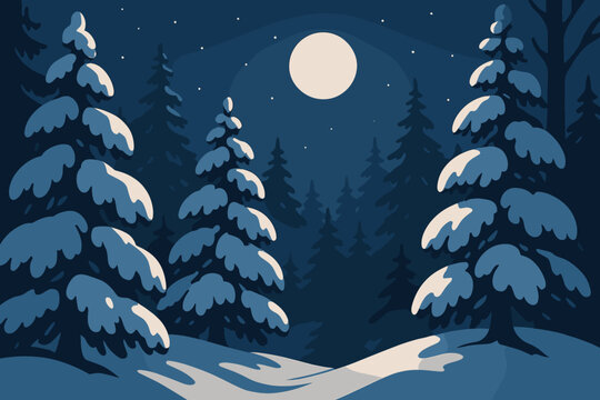 Snowy contrast vector scene moonlit gentle branches illustration illuminating glowing forest creating