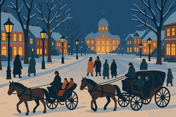 Square street coats distance winter festive people illustration town lined vector carriages