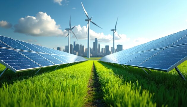 Rows of solar panels and wind turbines in a green field with a city skyline. Renewable energy sources provide clean power for urban areas. Sustainable future with eco-friendly technology.