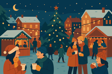 Evening market festive vector cocoa starry square bustle illustration joyful calm