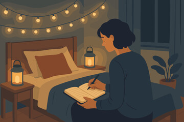 Vector cozy illustration quiet writing reflections garlands person year new gentle focus