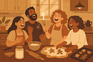 Filled holiday soft friends joy baking flour kitchen illustration vector laughing adding