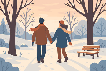 Fototapeta premium Illuminating cold through park stroll illustration winter breeze couple vector scarves hand