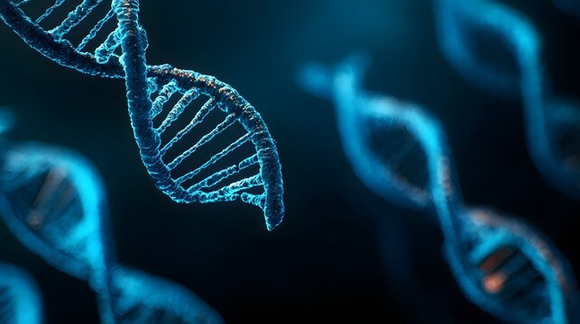 DNA strands in a dark blue background, representing genetic research and biotechnology.