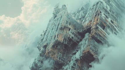 Massive icy structure rises into the clouds, formed of decaying sci-fi architecture. Weathered details and intricate forms blend with fog and sky in pale green tones. Generative AI
