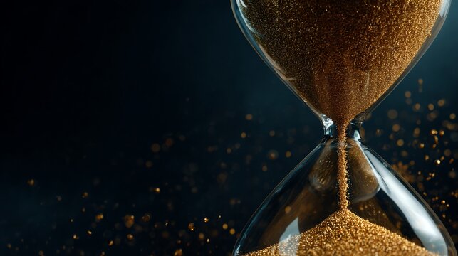 Hourglass with golden sand falling against dark background, time passing