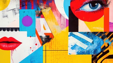 Blue eye centrally placed among geometric shapes, dots, textures, and colorful abstract elements creating contrast and visual emphasis on gaze. Generative by AI