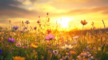 Wildflower meadow in full bloom with multicolored flowers under a golden sunset sky, trees in background, long grass covering the field. Generative by AI