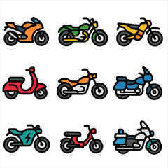 Colorful motorcycle icons set featuring nine unique designs on gradient background