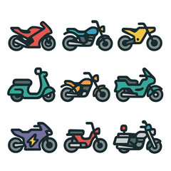 Colorful motorcycle and scooter icons set on gradient background