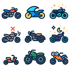 Obraz premium Colorful motorcycle icons set with various designs and styles