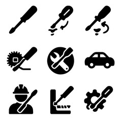 Obraz premium Collection of black silhouette tools and icons for repair and maintenance