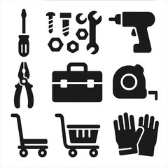 Tool icons set: drill, wrench, screwdriver, toolbox, tape measure