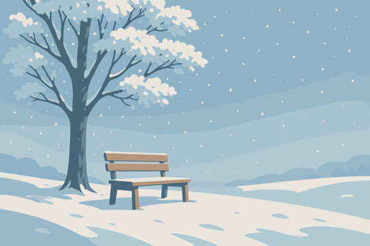 Around atmosphere scene bench vector wooden under gentle snowy solitude peaceful tree
