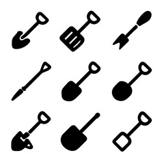 Various black silhouettes of garden tools on dark background