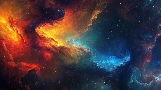 Vivid nebula in deep space with swirling patterns of orange, pink, blue, and purple, scattered stars across dark cosmic background. Generative by AI