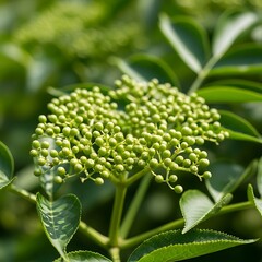 Unripe elderberry cluster exhibiting vivid green hue, amid leafy backdrop