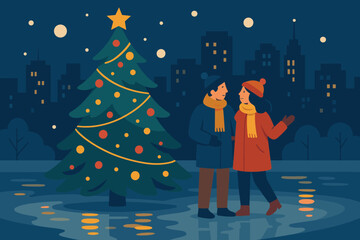 Season reflections holiday romance near joy illustration night vector skyline capturing warmth