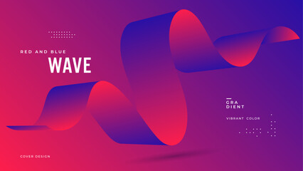 Red and blue 3D wave flows across purple background. Abstract fluid gradient ribbon cover design.