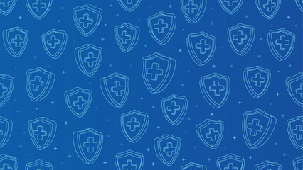 Blue shields with crosses form seamless protection pattern. 3D isometric outlines modern medical background. Design suits healthcare and insurance topics.