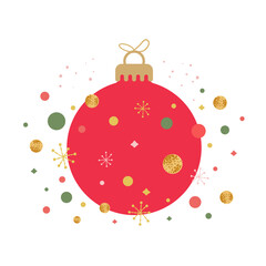 Red Christmas bauble surrounded colorful confetti and snowflakes.