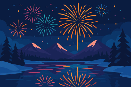 Over winter bursting mountains vector colors fireworks frozen reflections painting renewal illustration