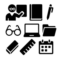 Education icons: teacher, book, laptop, and office supplies
