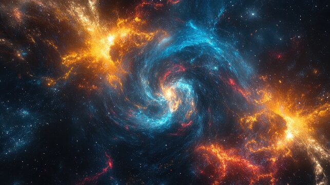 Vivid nebula in deep space with swirling patterns of orange, pink, blue, and purple, scattered stars across dark cosmic background. Generative by AI