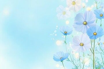 Fototapeta premium Soft watercolor illustration of delicate blue and white flowers with dreamy background and copy space