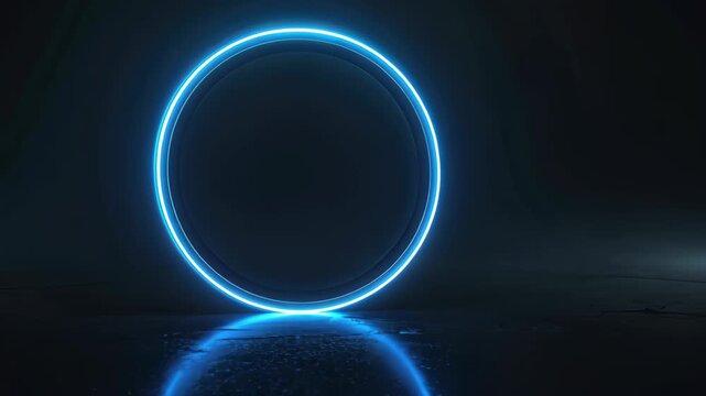 Luminous Blue Circle in Dark Space: A striking glowing blue circle creates a futuristic, enigmatic visual, illuminating a dark expanse. Its ethereal reflection enhances the abstract composition. 