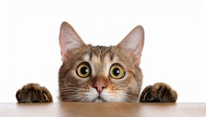 Obraz premium Surprised Curious Cat Look Out From Under The Table Isolated On White