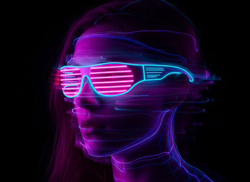 Metaverse and virtual reality concept with a futuristic woman's profile in glowing neon glasses with light trails