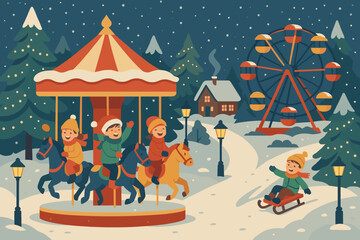 Obraz premium Fun lanterns festival illustration along vector winter trees rides decorated festive gently