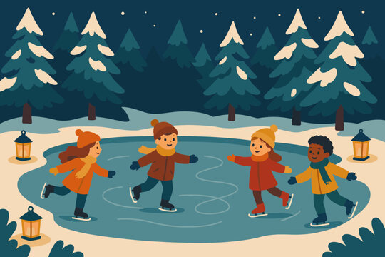 Dusted children illustration frozen evening joyful snow winter skating pine vector ice