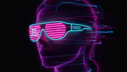 Metaverse and virtual reality concept showing a futuristic woman's head made of light with glowing neon glasses