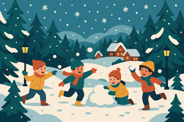 Scene forest cottages delight surrounding pine snowball drifting fight winter vector illustration