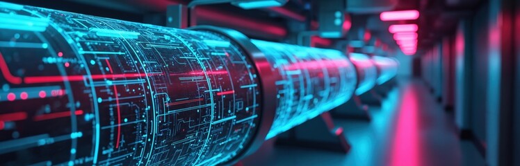 Futuristic pipeline with glowing blue circuits and red light streams. Digital data flows through a high-tech transport system. Abstract network infrastructure with advanced technology.