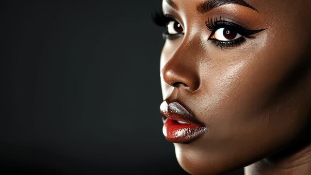 Ebony Beauty: A close-up shot of an elegant woman with a radiant complexion and striking makeup, her gaze capturing viewers' attention.